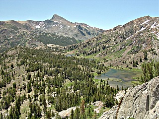 View from a small ridge next to Mine Creek showing Shell Lake and Fantail Lake with Mt. Dana in the background.