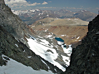 Looking down a chute to Dana Lake.